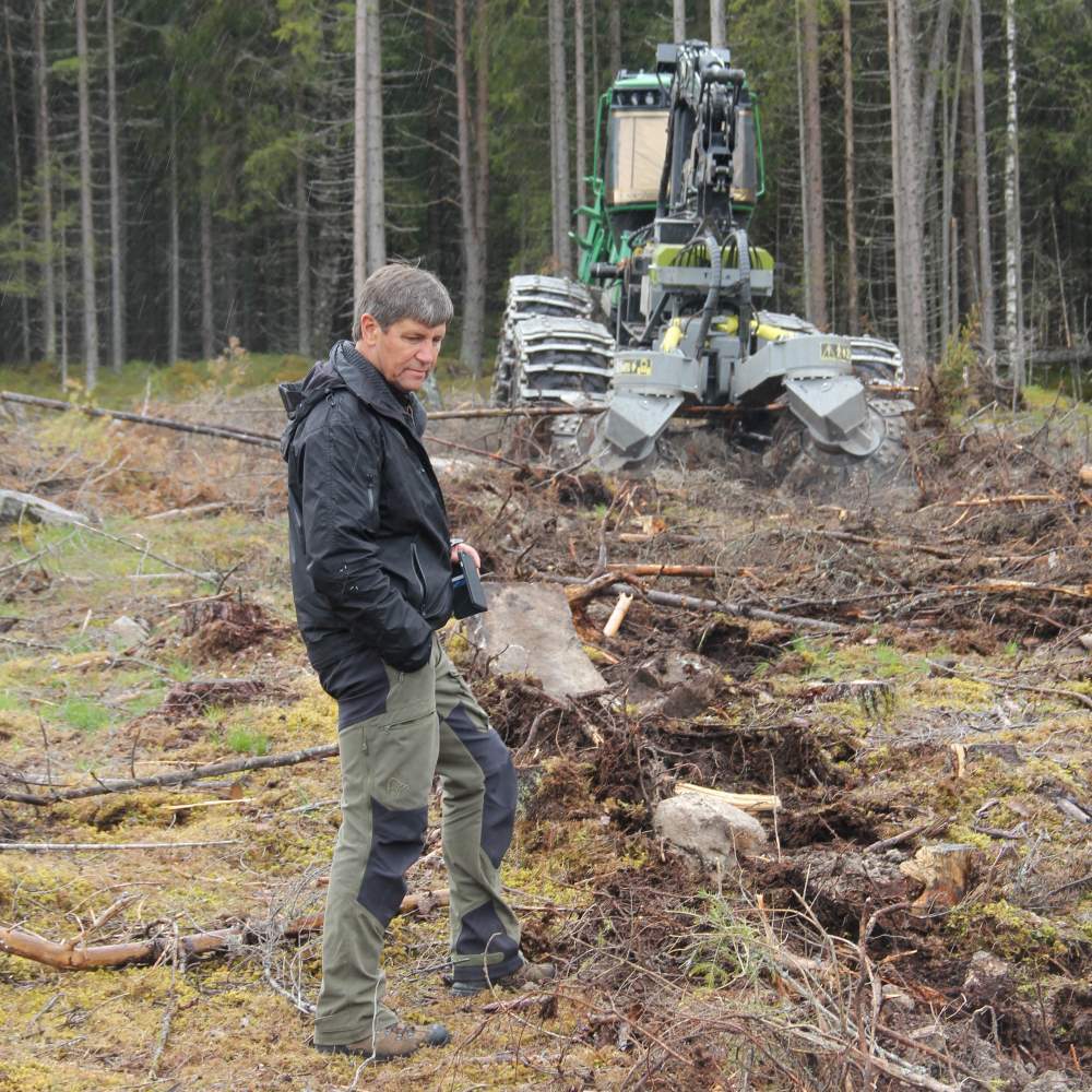 Trygve Øvergård fra Skogkurs vurderer resultatet av markberedningen.