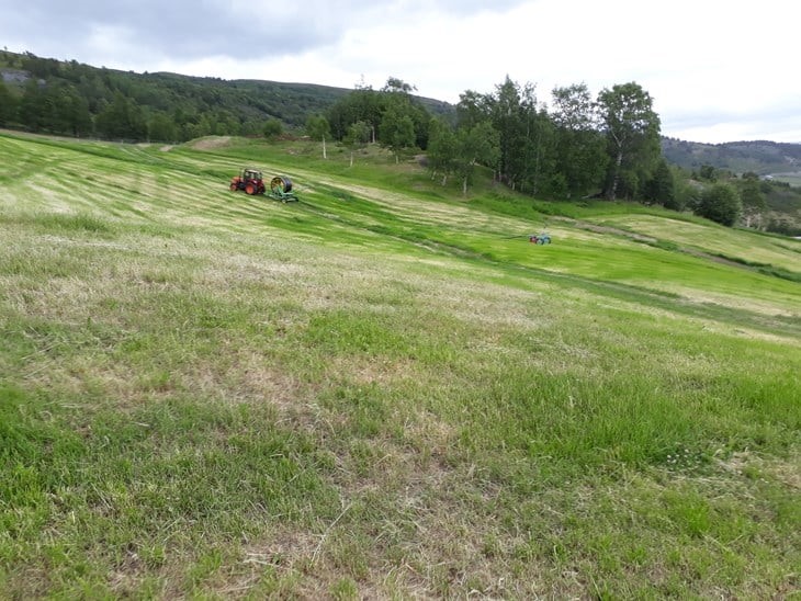 Skadet grasmark tørkesommeren 2018 Foto: Stig Horsberg. Et jorde med delvis tørkeskadet grasmark. En traktor drar vanningsmaskin.